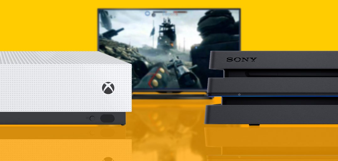 Bir 4K HDR TV önünde PlayStation 4 Pro ve Xbox One S