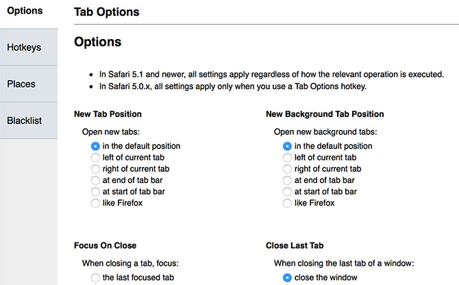 Safari Genişletmeleri: Tab Options